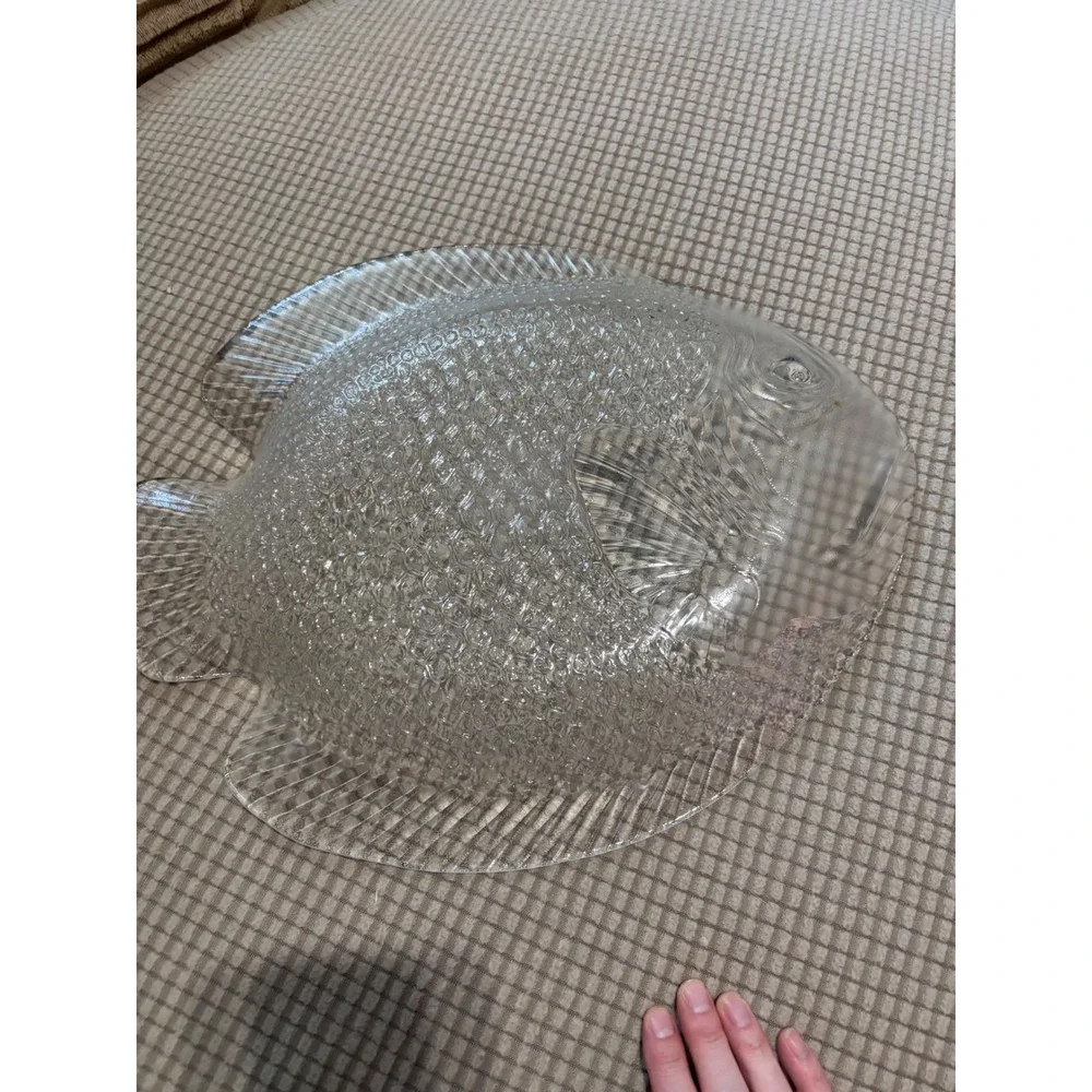 Vintage Clear Pressed Glass Fish Serving Platter Textured Angelfish Tray 15 Inch